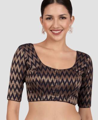Navy blue & gold zigzag pattern cotton readymade saree blouse 1