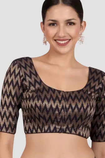 Navy blue & gold zigzag pattern cotton readymade saree blouse