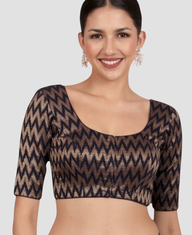 Navy blue & gold zigzag pattern cotton readymade saree blouse