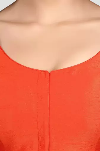 Rust kora silk elbow sleeves round neck padded readymade saree blouse