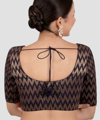 Navy blue & gold zigzag pattern cotton readymade saree blouse 2
