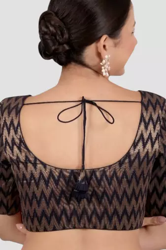 Navy blue & gold zigzag pattern cotton readymade saree blouse