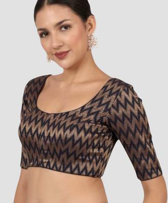 Navy blue & gold zigzag pattern cotton readymade saree blouse 3