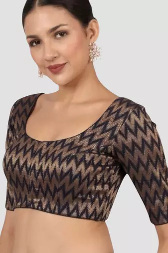 Navy blue & gold zigzag pattern cotton readymade saree blouse