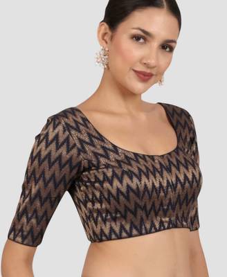 Navy blue & gold zigzag pattern cotton readymade saree blouse 4