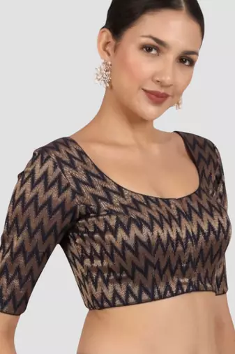 Navy blue & gold zigzag pattern cotton readymade saree blouse