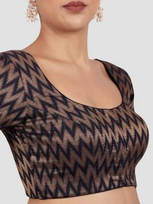 Navy blue & gold zigzag pattern cotton readymade saree blouse 5