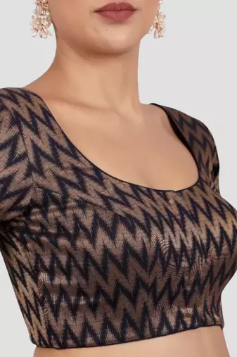 Navy blue & gold zigzag pattern cotton readymade saree blouse