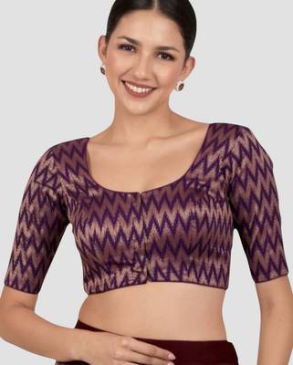 Purple & gold zigzag pattern cotton readymade saree blouse 1