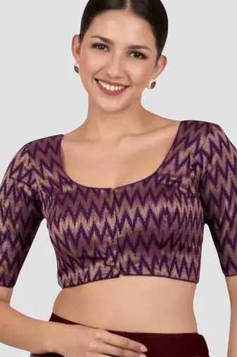 Purple & gold zigzag pattern cotton readymade saree blouse