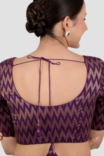 Purple & gold zigzag pattern cotton readymade saree blouse