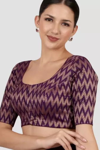 Purple & gold zigzag pattern cotton readymade saree blouse