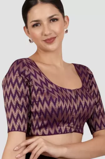 Purple & gold zigzag pattern cotton readymade saree blouse