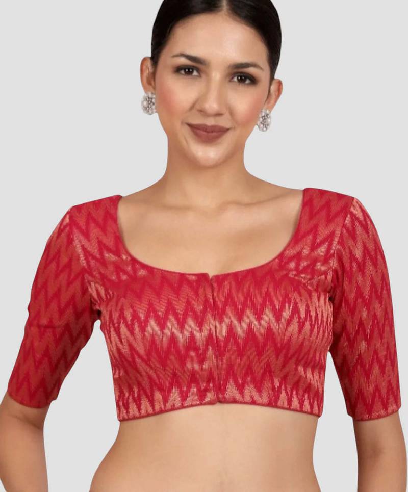 Rani & gold zigzag pattern cotton readymade saree blouse