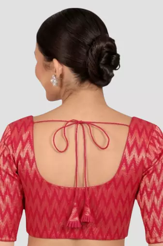 Rani & gold zigzag pattern cotton readymade saree blouse