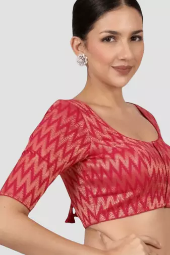 Rani & gold zigzag pattern cotton readymade saree blouse