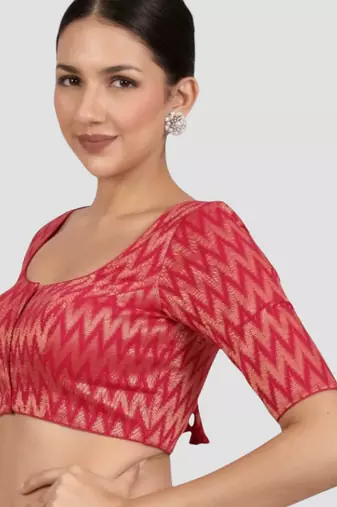 Rani & gold zigzag pattern cotton readymade saree blouse