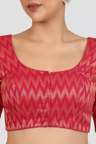 Rani & gold zigzag pattern cotton readymade saree blouse