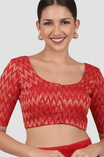 Red & gold zigzag pattern cotton readymade saree blouse