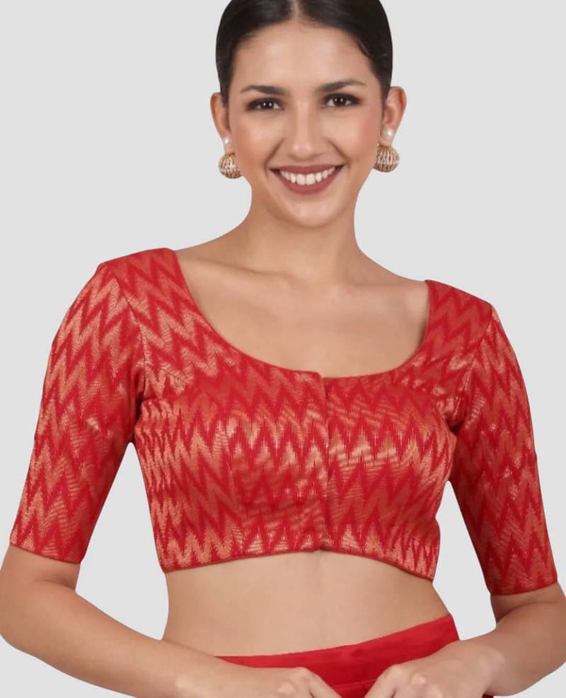 Red & gold zigzag pattern cotton readymade saree blouse