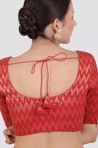 Red & gold zigzag pattern cotton readymade saree blouse