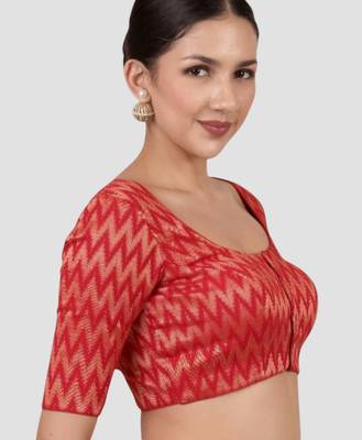 Red & gold zigzag pattern cotton readymade saree blouse 3