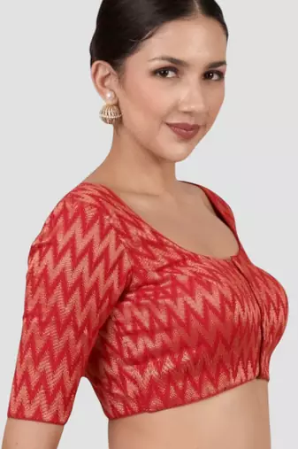 Red & gold zigzag pattern cotton readymade saree blouse