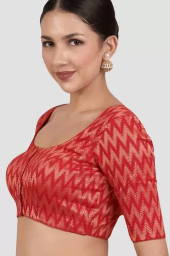 Red & gold zigzag pattern cotton readymade saree blouse
