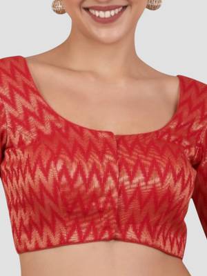 Red & gold zigzag pattern cotton readymade saree blouse 5