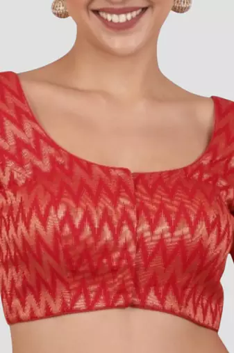 Red & gold zigzag pattern cotton readymade saree blouse