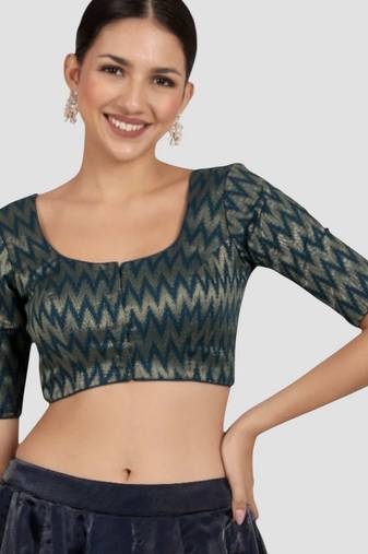 Teal blue & gold zigzag pattern cotton readymade saree blouse