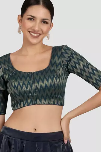 Teal blue & gold zigzag pattern cotton readymade saree blouse