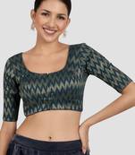 Teal blue & gold zigzag pattern cotton readymade saree blouse
