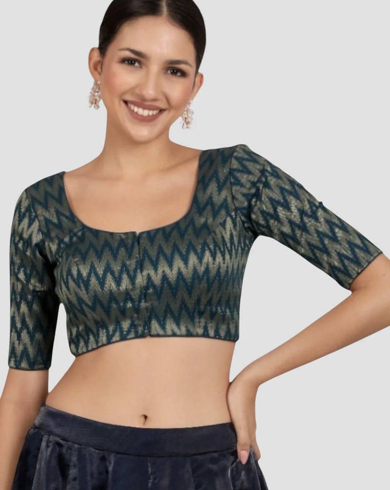 Teal blue & gold zigzag pattern cotton readymade saree blouse