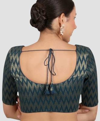 Teal blue & gold zigzag pattern cotton readymade saree blouse 2