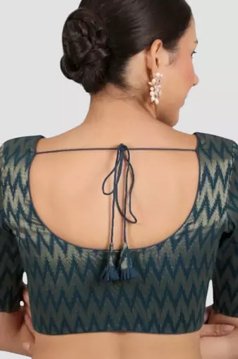 Teal blue & gold zigzag pattern cotton readymade saree blouse
