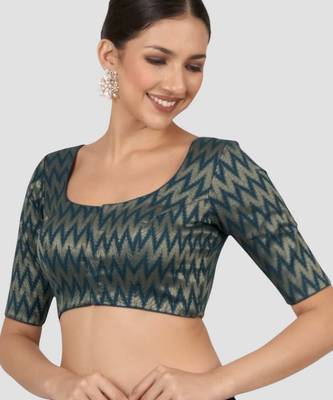 Teal blue & gold zigzag pattern cotton readymade saree blouse 3