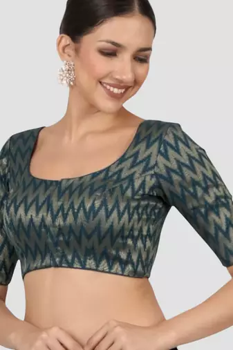 Teal blue & gold zigzag pattern cotton readymade saree blouse