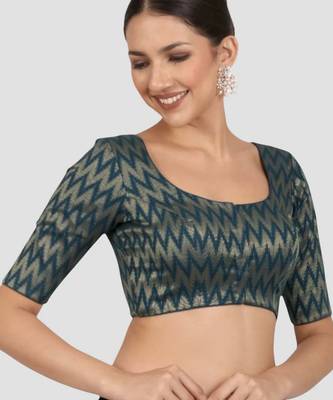 Teal blue & gold zigzag pattern cotton readymade saree blouse 4