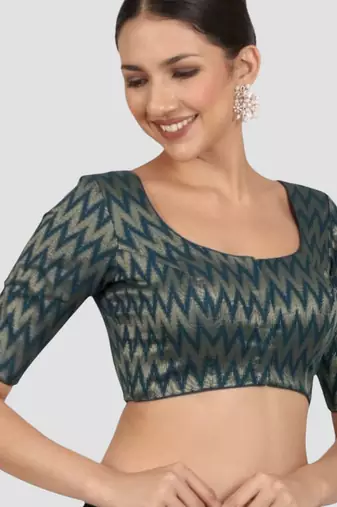Teal blue & gold zigzag pattern cotton readymade saree blouse