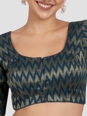Teal blue & gold zigzag pattern cotton readymade saree blouse 5