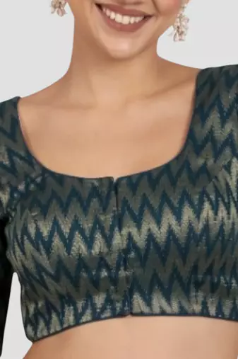 Teal blue & gold zigzag pattern cotton readymade saree blouse