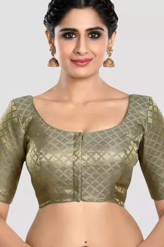 Brocade grey elbow sleeves round neck padded readymade saree blouse