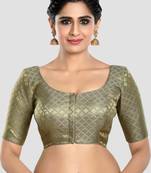 Brocade grey elbow sleeves round neck padded readymade saree blouse