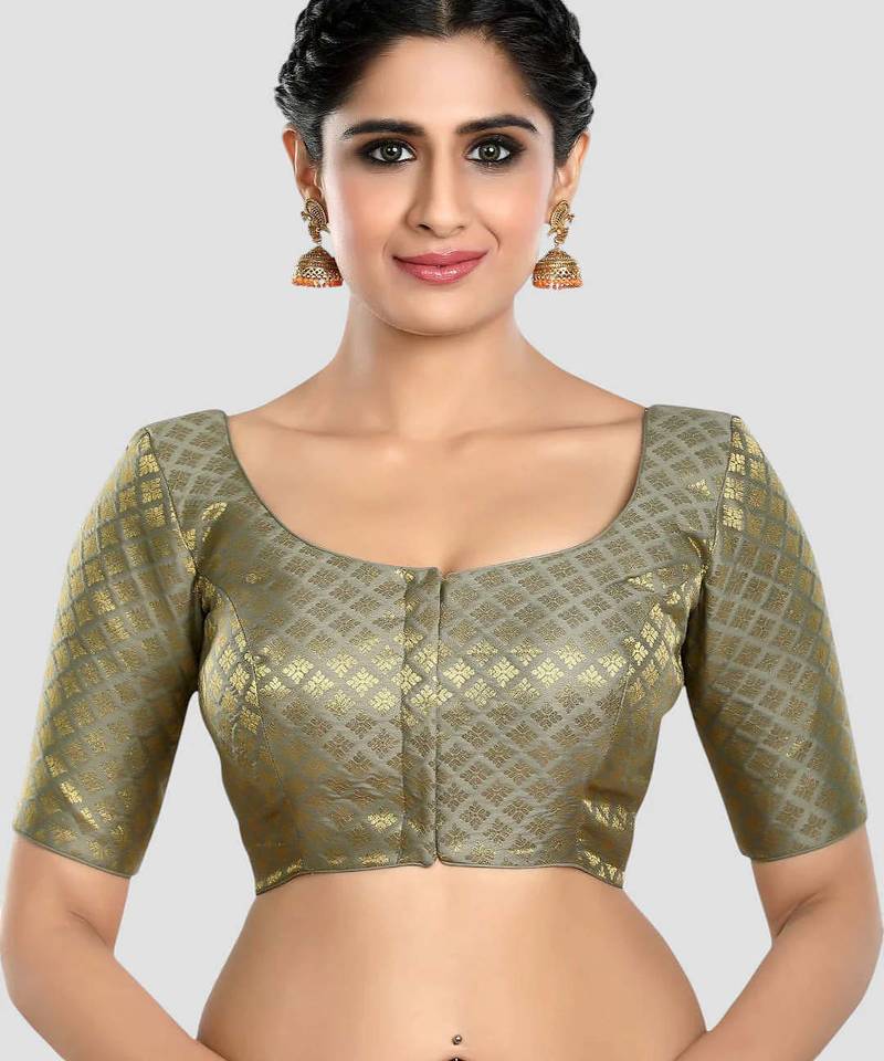 Brocade grey elbow sleeves round neck padded readymade saree blouse