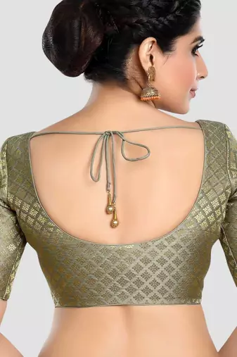Brocade grey elbow sleeves round neck padded readymade saree blouse