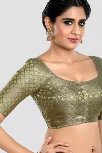 Brocade grey elbow sleeves round neck padded readymade saree blouse