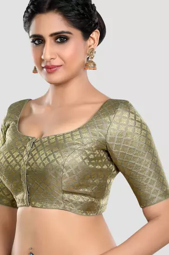 Brocade grey elbow sleeves round neck padded readymade saree blouse