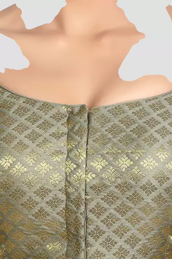 Brocade grey elbow sleeves round neck padded readymade saree blouse
