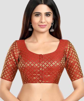 Brocade maroon elbow sleeves round neck padded readymade saree blouse 1